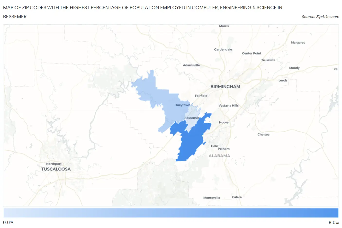Zip Codes with the Highest Percentage of Population Employed in Computer, Engineering & Science in Bessemer Map