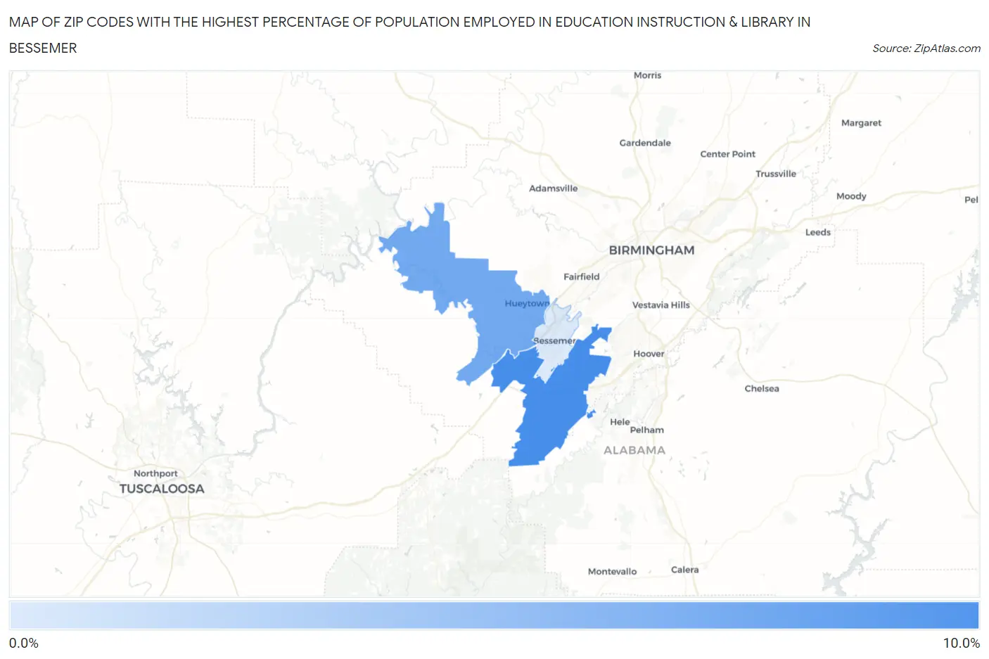 Zip Codes with the Highest Percentage of Population Employed in Education Instruction & Library in Bessemer Map