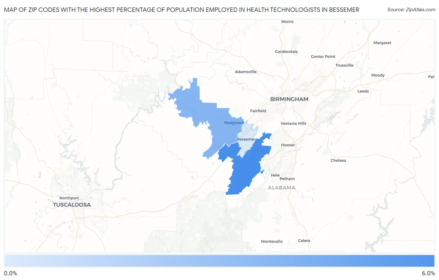 Zip Codes with the Highest Percentage of Population Employed in Health Technologists in Bessemer Map
