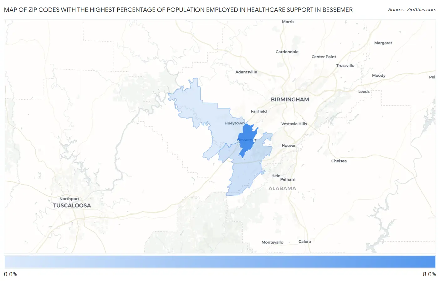 Zip Codes with the Highest Percentage of Population Employed in Healthcare Support in Bessemer Map
