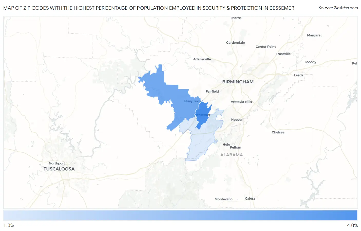 Zip Codes with the Highest Percentage of Population Employed in Security & Protection in Bessemer Map
