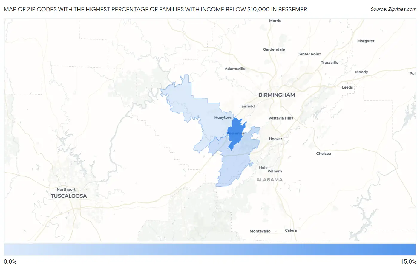 Zip Codes with the Highest Percentage of Families with Income Below $10,000 in Bessemer Map