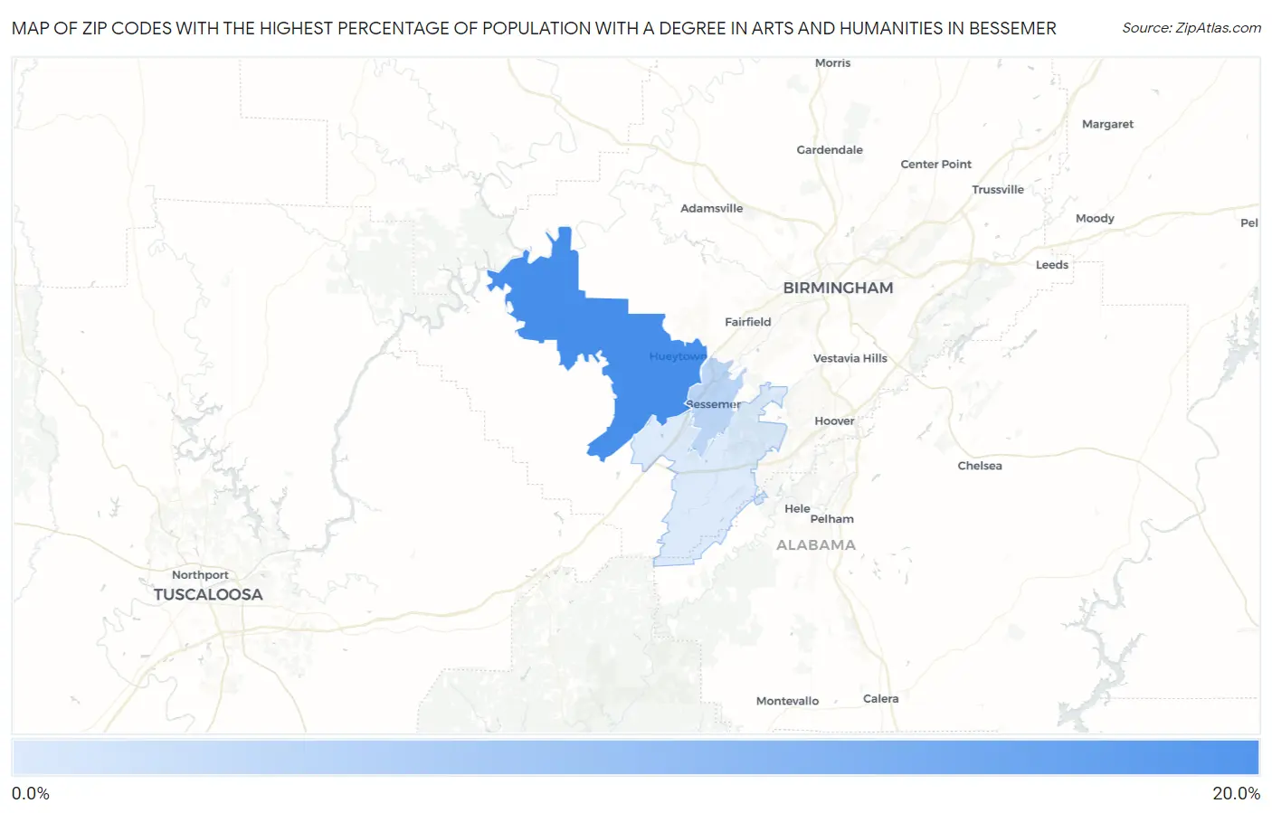 Zip Codes with the Highest Percentage of Population with a Degree in Arts and Humanities in Bessemer Map
