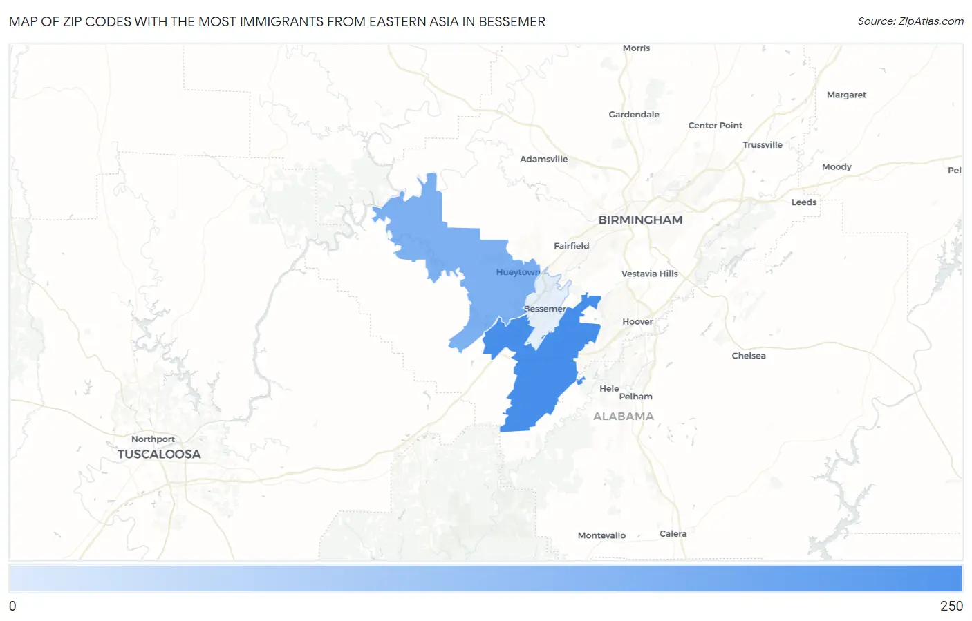 Zip Codes with the Most Immigrants from Eastern Asia in Bessemer Map