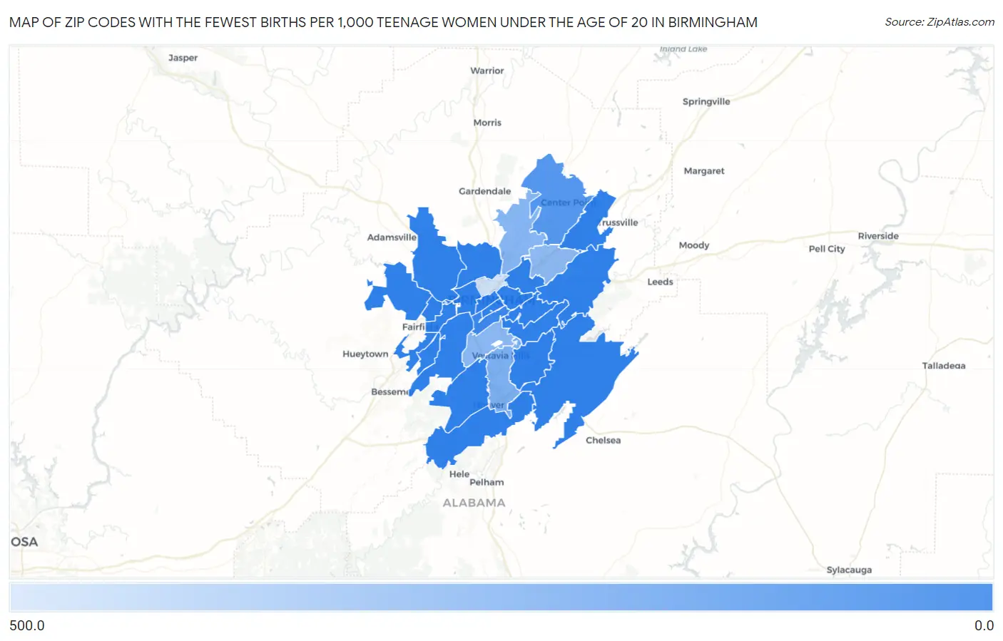 Zip Codes with the Fewest Births per 1,000 Teenage Women Under the Age of 20 in Birmingham Map