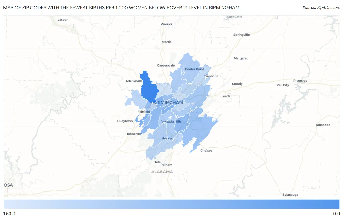Zip Codes with the Fewest Births per 1,000 Women Below Poverty Level in Birmingham Map