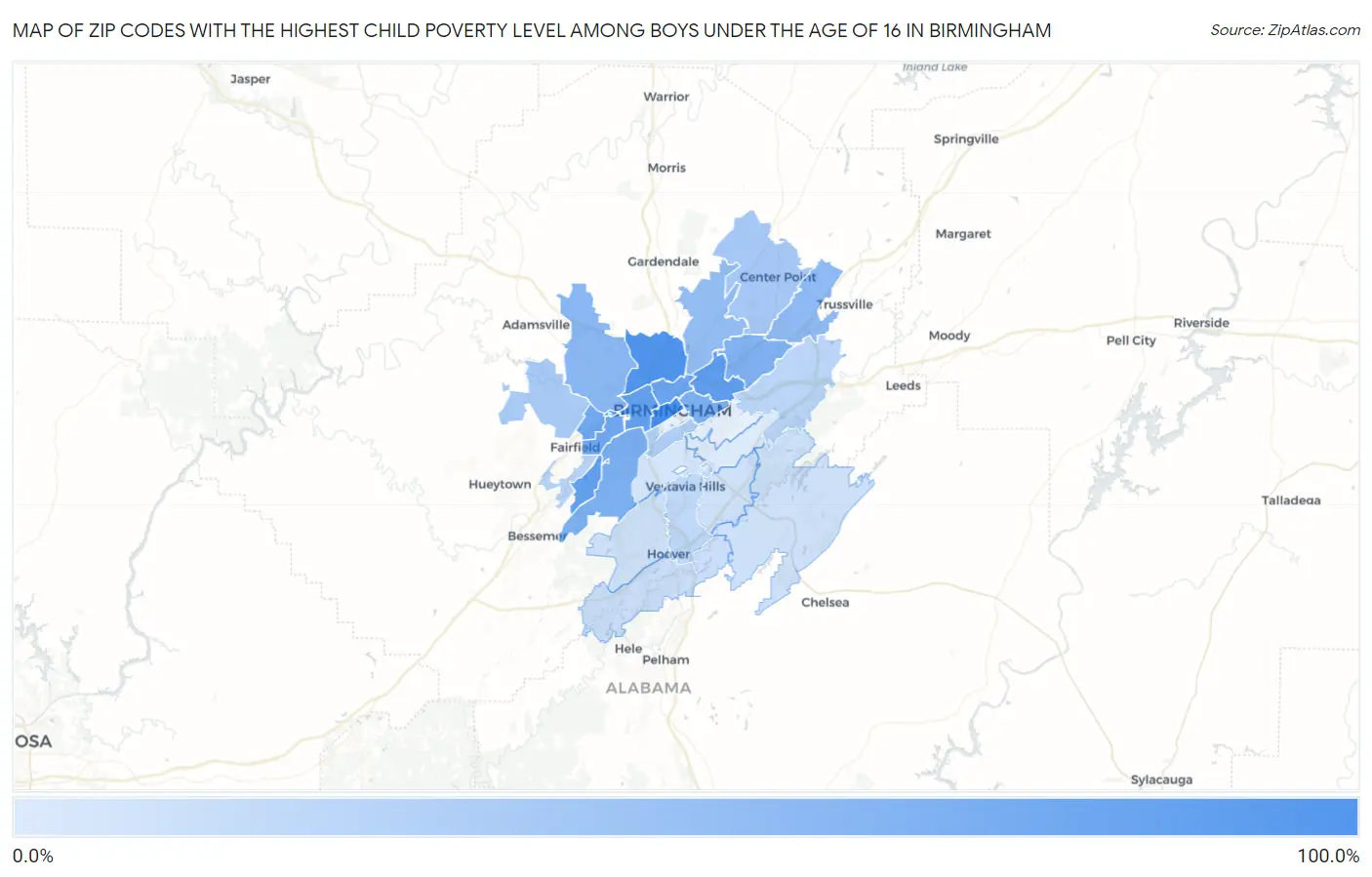 Zip Codes with the Highest Child Poverty Level Among Boys Under the Age of 16 in Birmingham Map