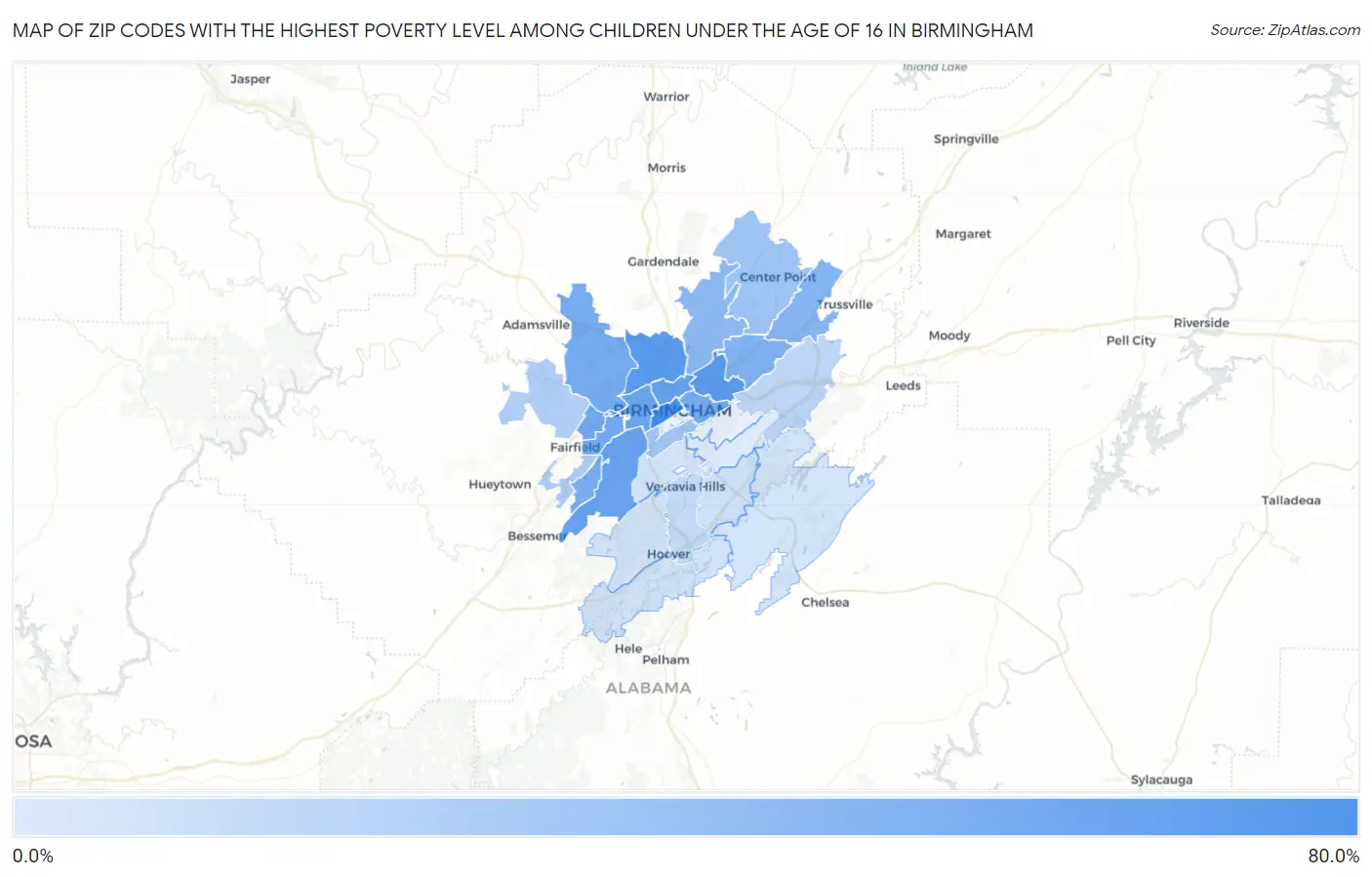 Zip Codes with the Highest Poverty Level Among Children Under the Age of 16 in Birmingham Map