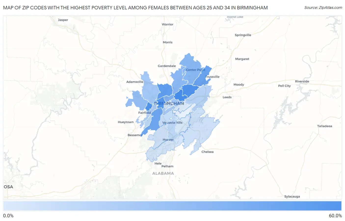 Zip Codes with the Highest Poverty Level Among Females Between Ages 25 and 34 in Birmingham Map