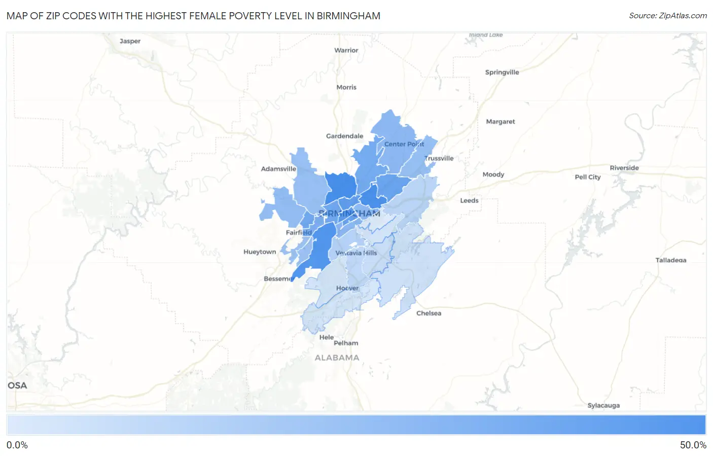 Zip Codes with the Highest Female Poverty Level in Birmingham Map