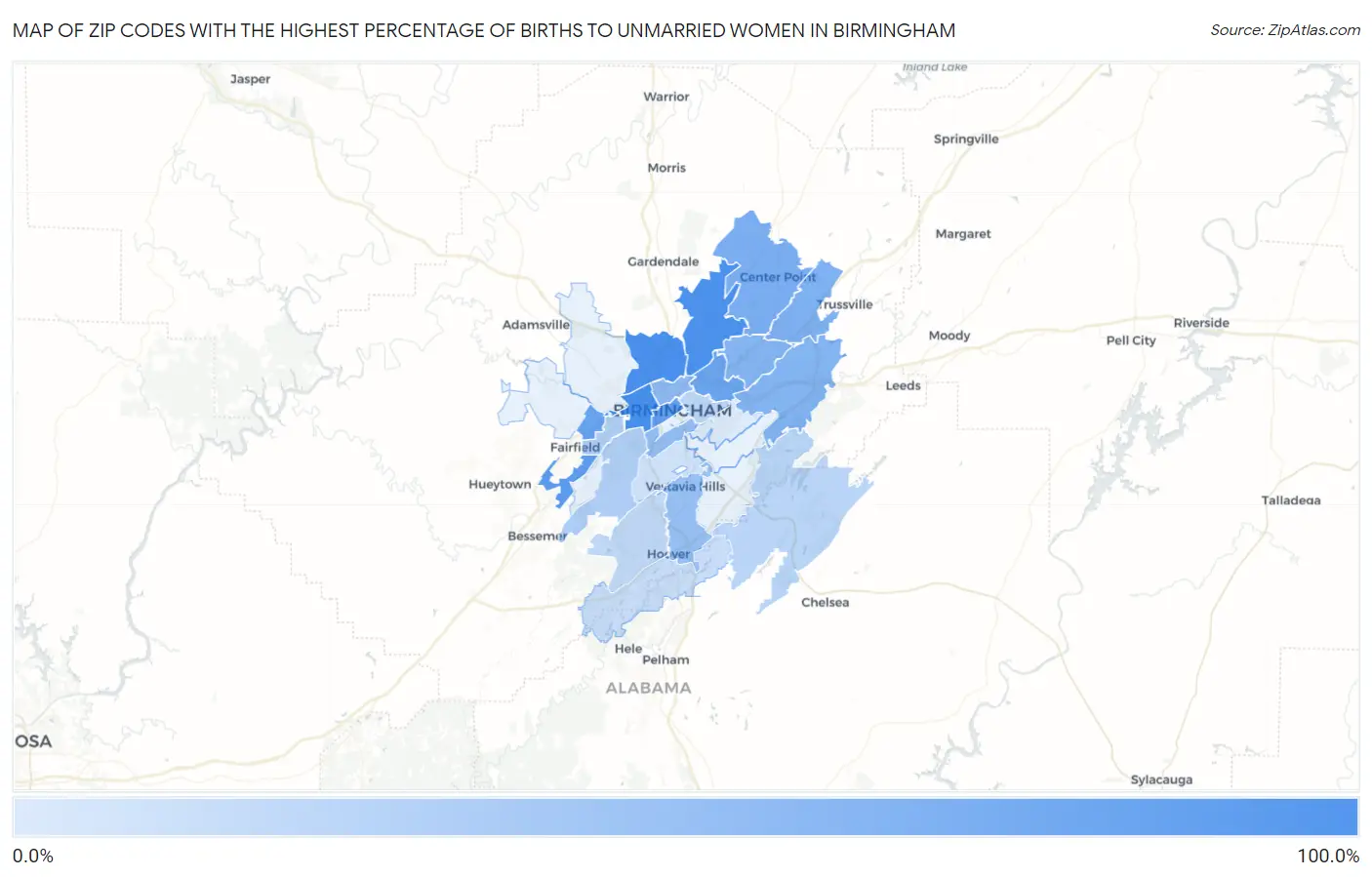 Zip Codes with the Highest Percentage of Births to Unmarried Women in Birmingham Map