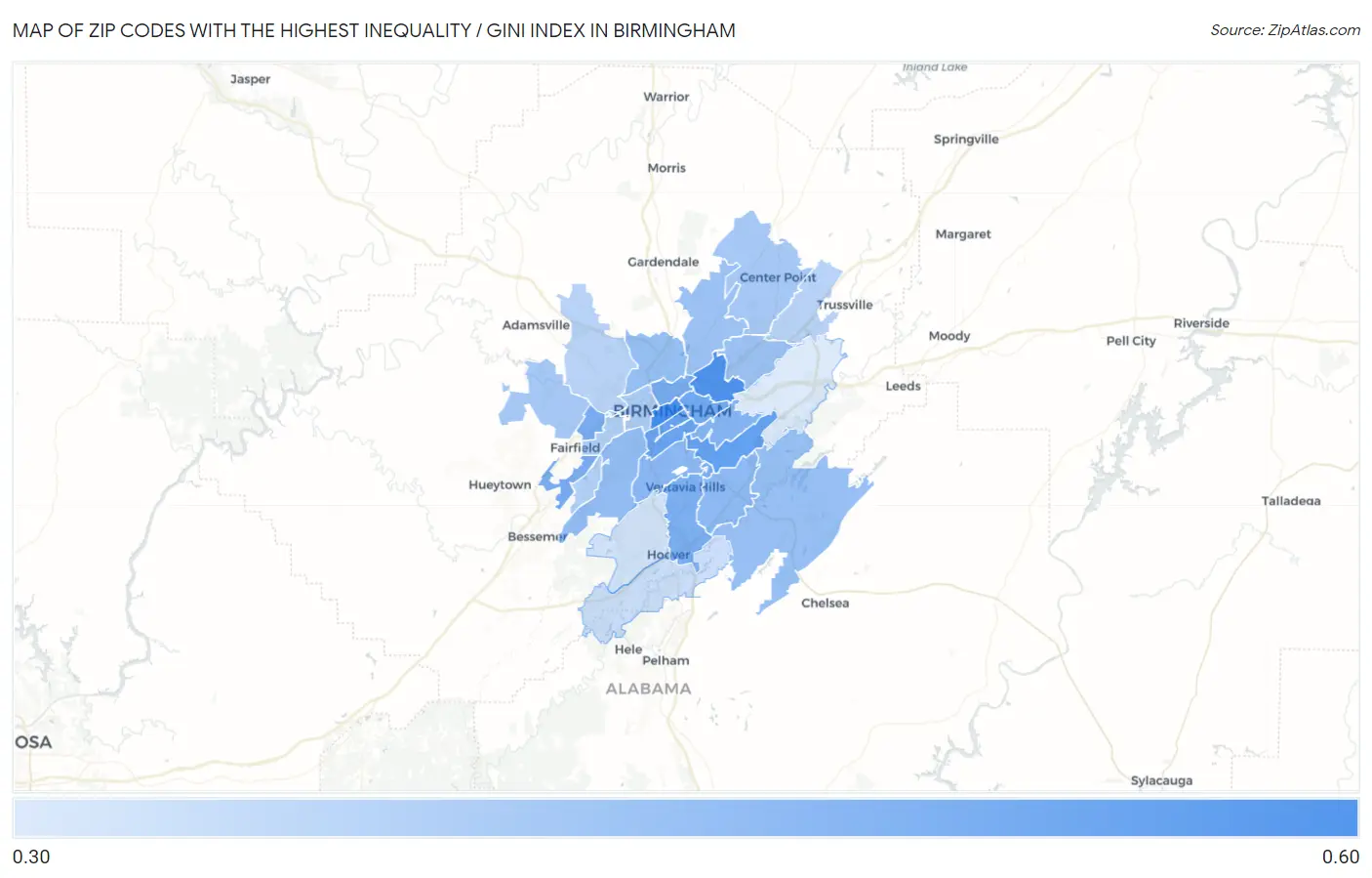 Zip Codes with the Highest Inequality / Gini Index in Birmingham Map