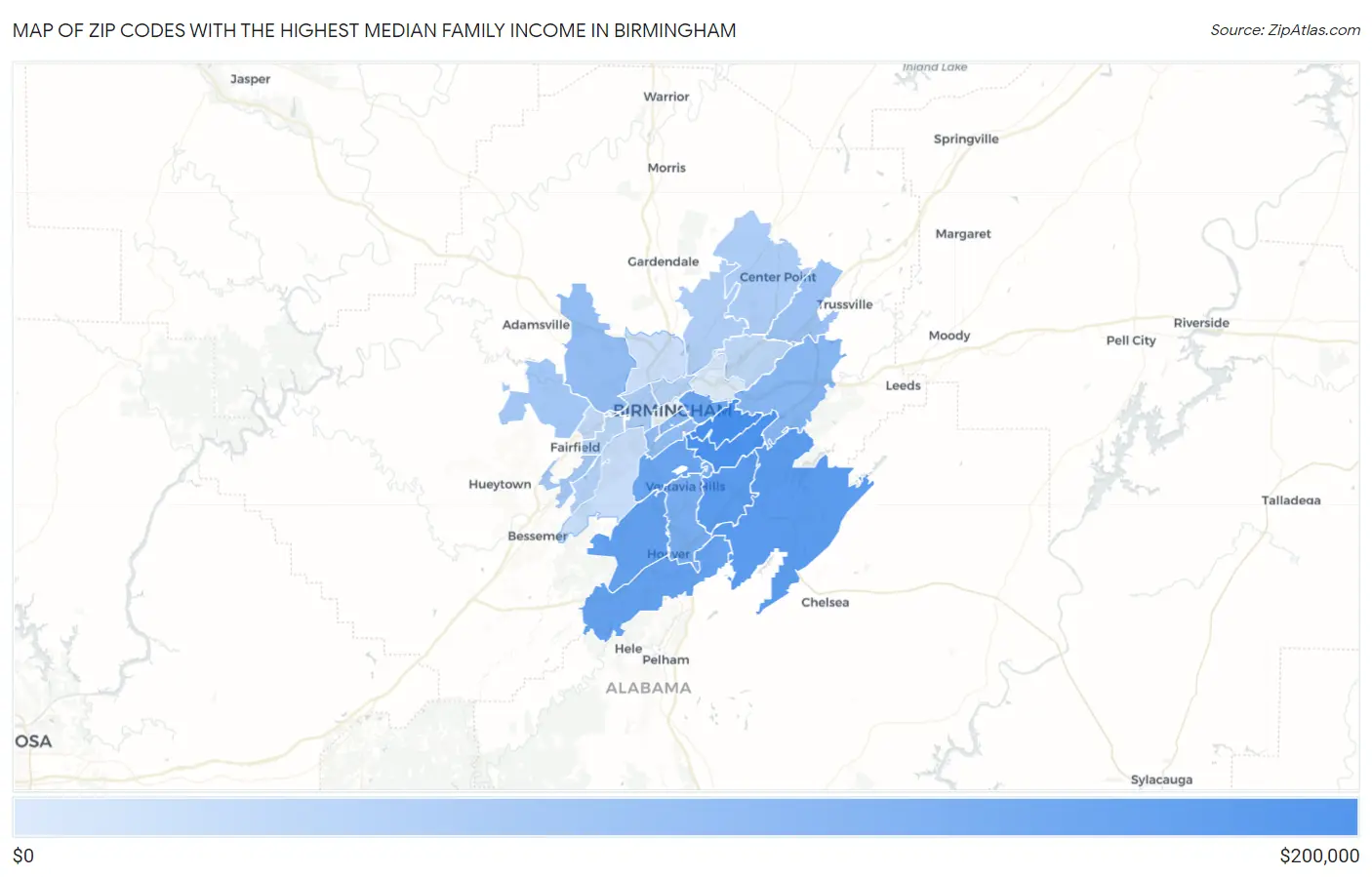 Zip Codes with the Highest Median Family Income in Birmingham Map
