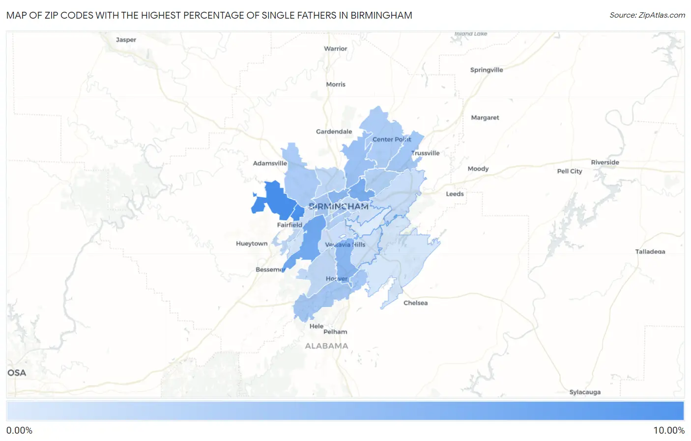 Zip Codes with the Highest Percentage of Single Fathers in Birmingham Map