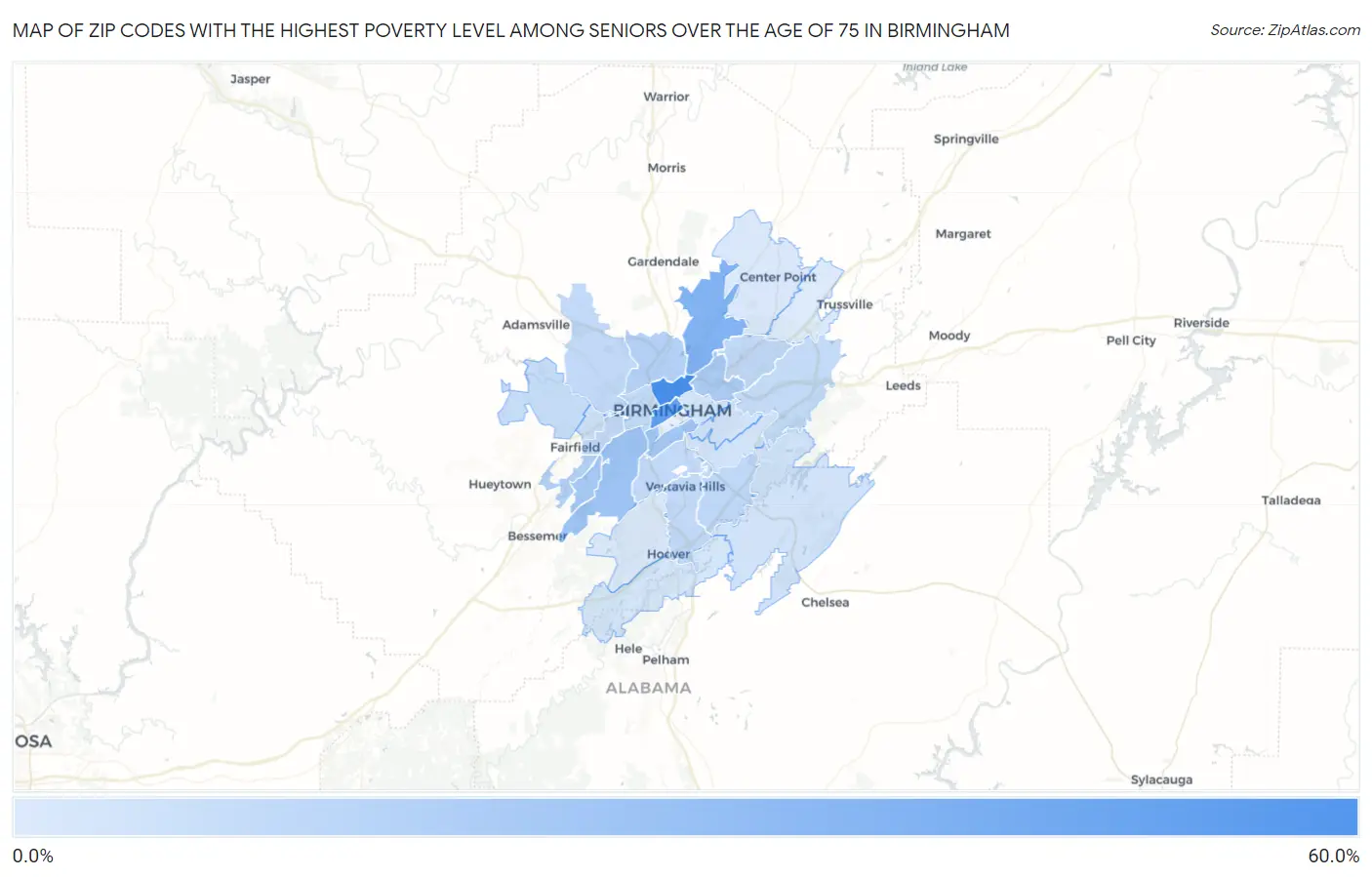 Zip Codes with the Highest Poverty Level Among Seniors Over the Age of 75 in Birmingham Map