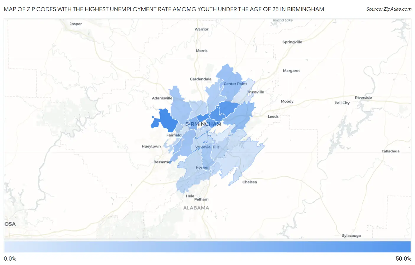 Zip Codes with the Highest Unemployment Rate Amomg Youth Under the Age of 25 in Birmingham Map
