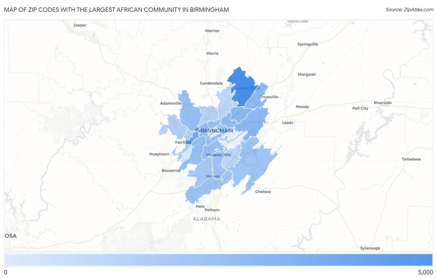 Zip Codes with the Largest African Community in Birmingham Map