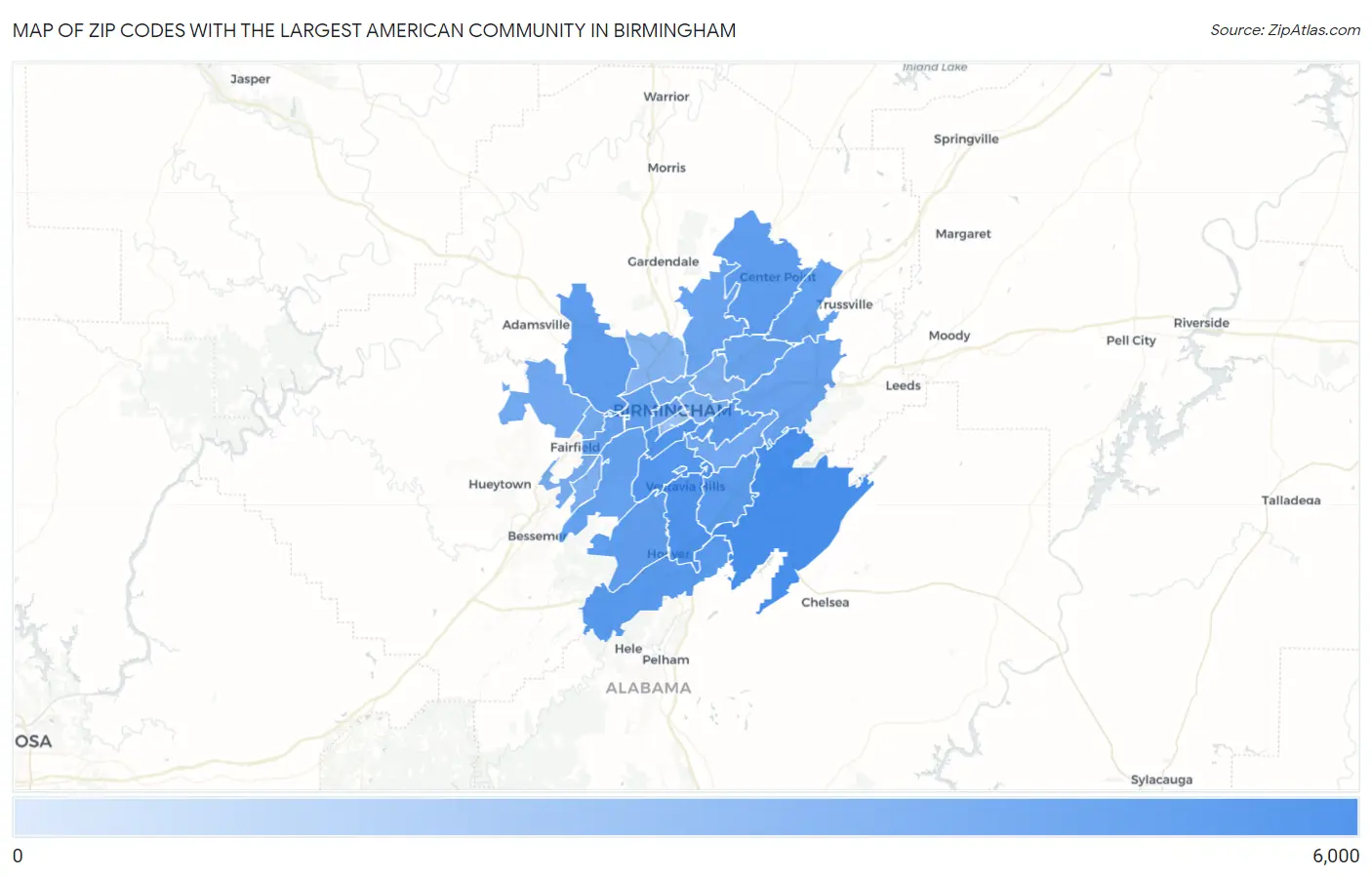 Zip Codes with the Largest American Community in Birmingham Map