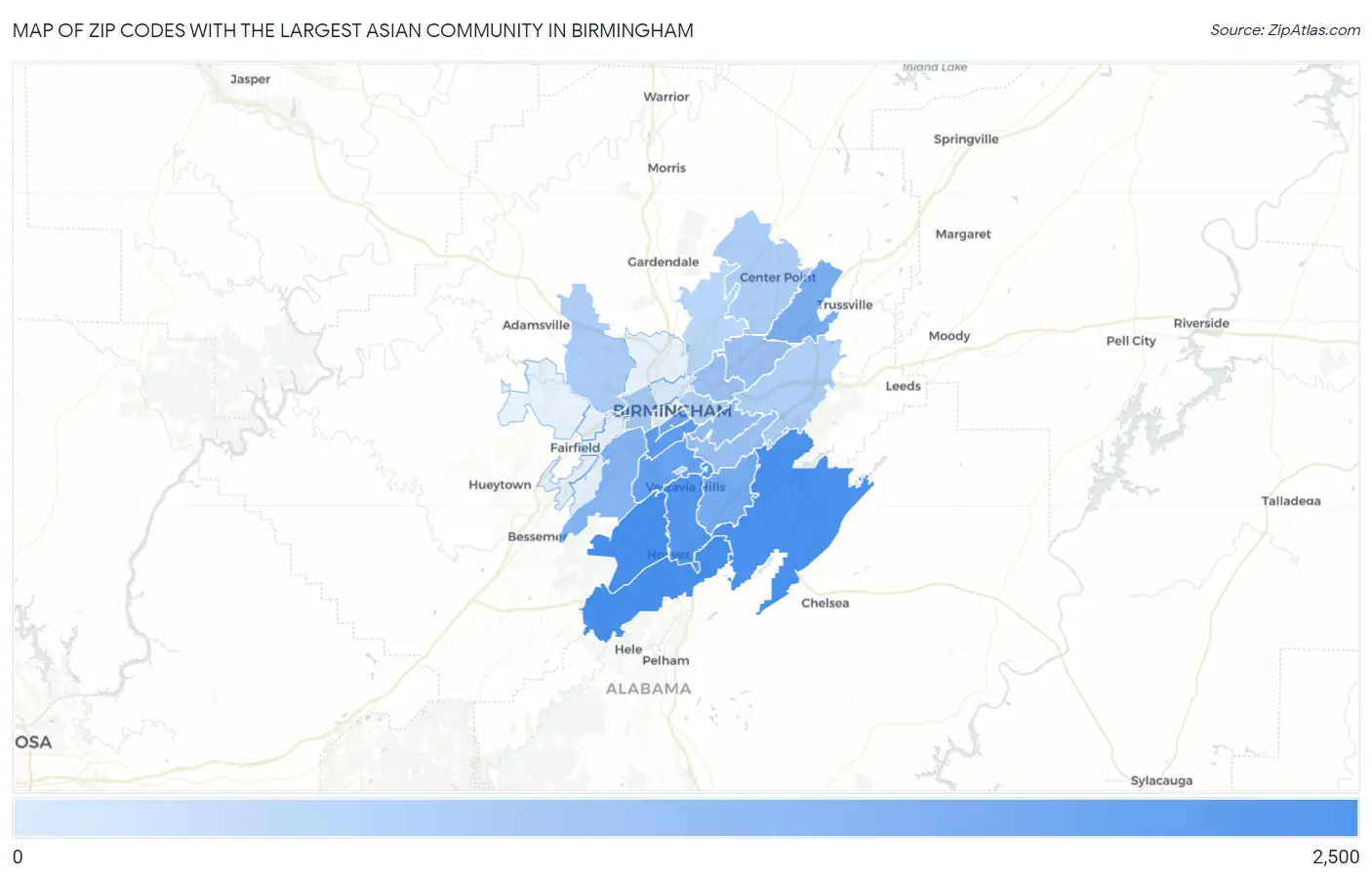 Zip Codes with the Largest Asian Community in Birmingham Map