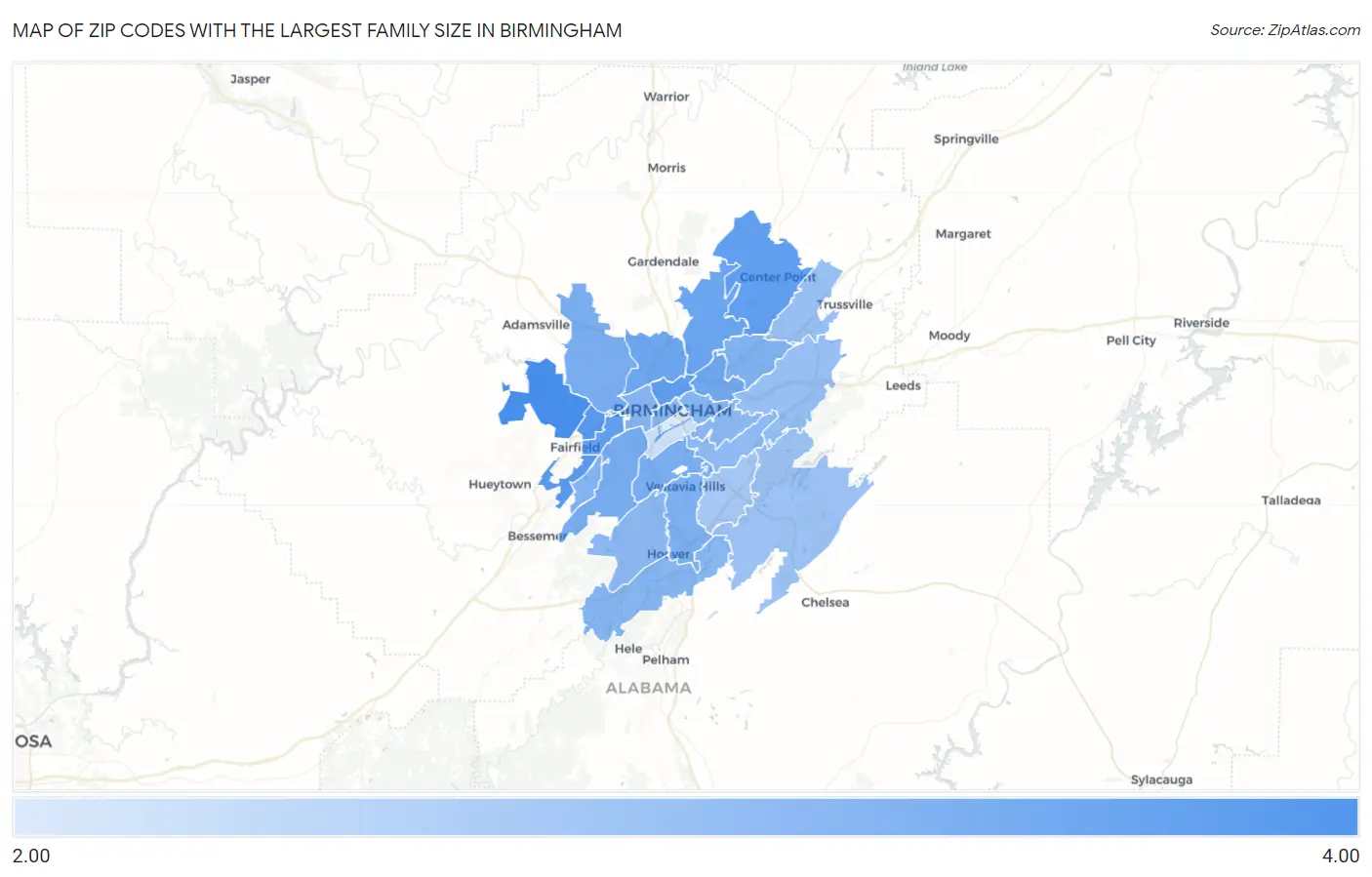 Zip Codes with the Largest Family Size in Birmingham Map