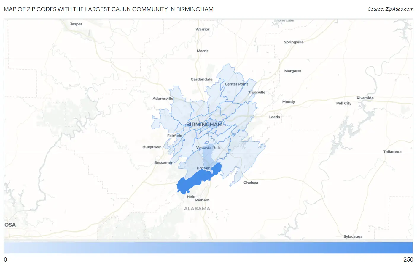 Zip Codes with the Largest Cajun Community in Birmingham Map