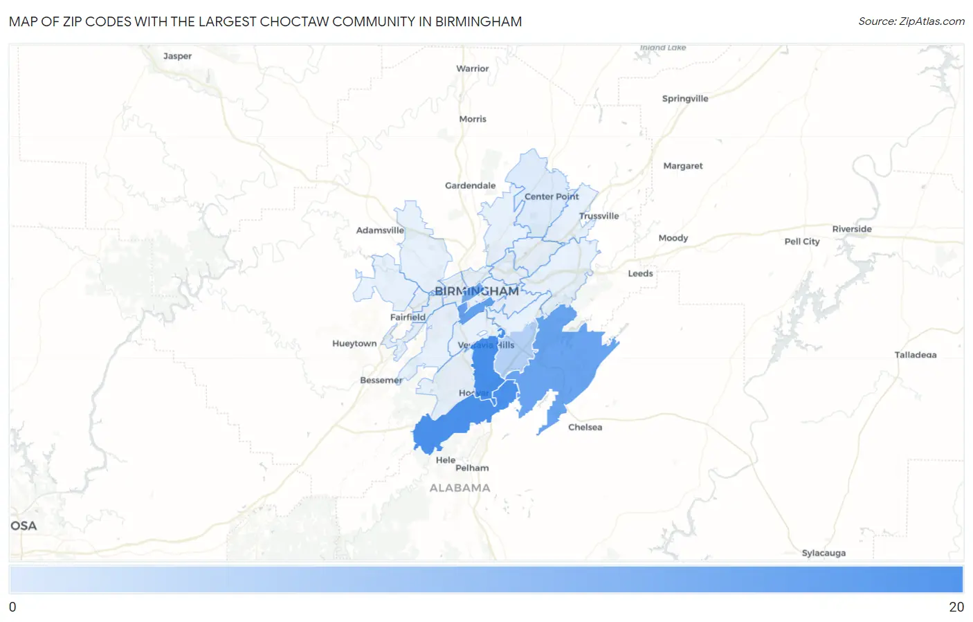 Zip Codes with the Largest Choctaw Community in Birmingham Map