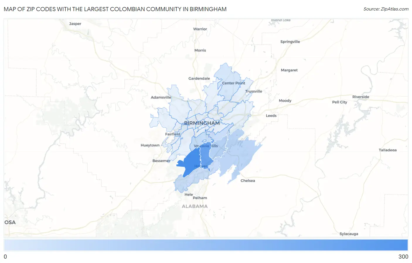 Zip Codes with the Largest Colombian Community in Birmingham Map