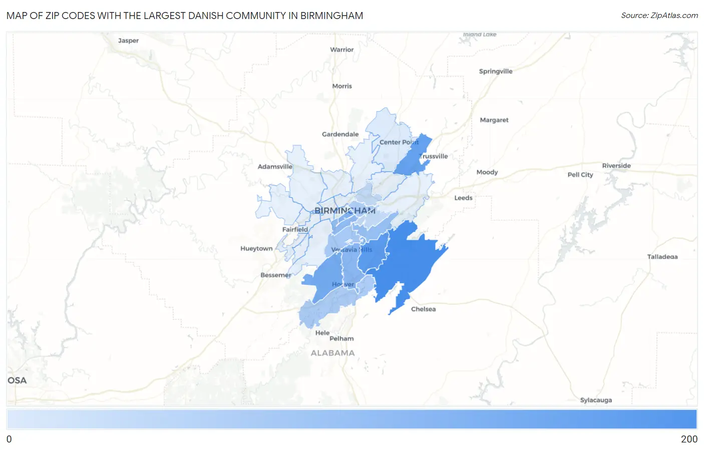 Zip Codes with the Largest Danish Community in Birmingham Map