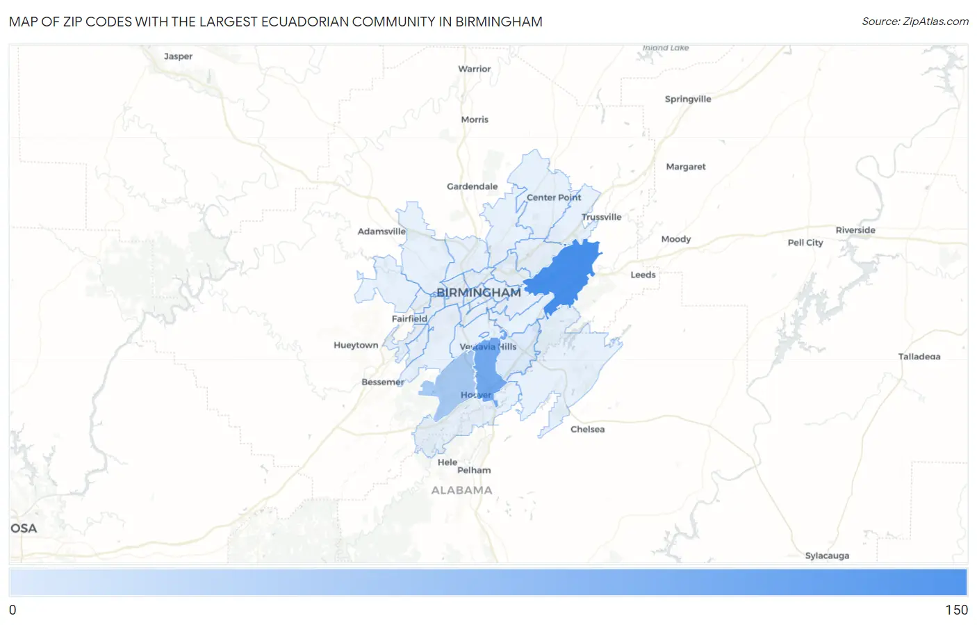 Zip Codes with the Largest Ecuadorian Community in Birmingham Map