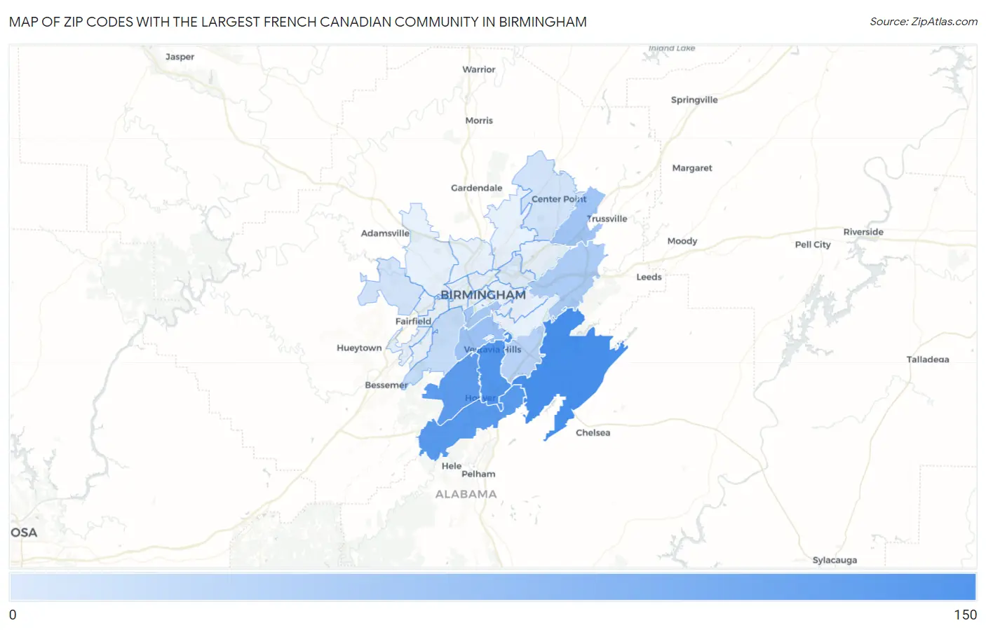 Zip Codes with the Largest French Canadian Community in Birmingham Map
