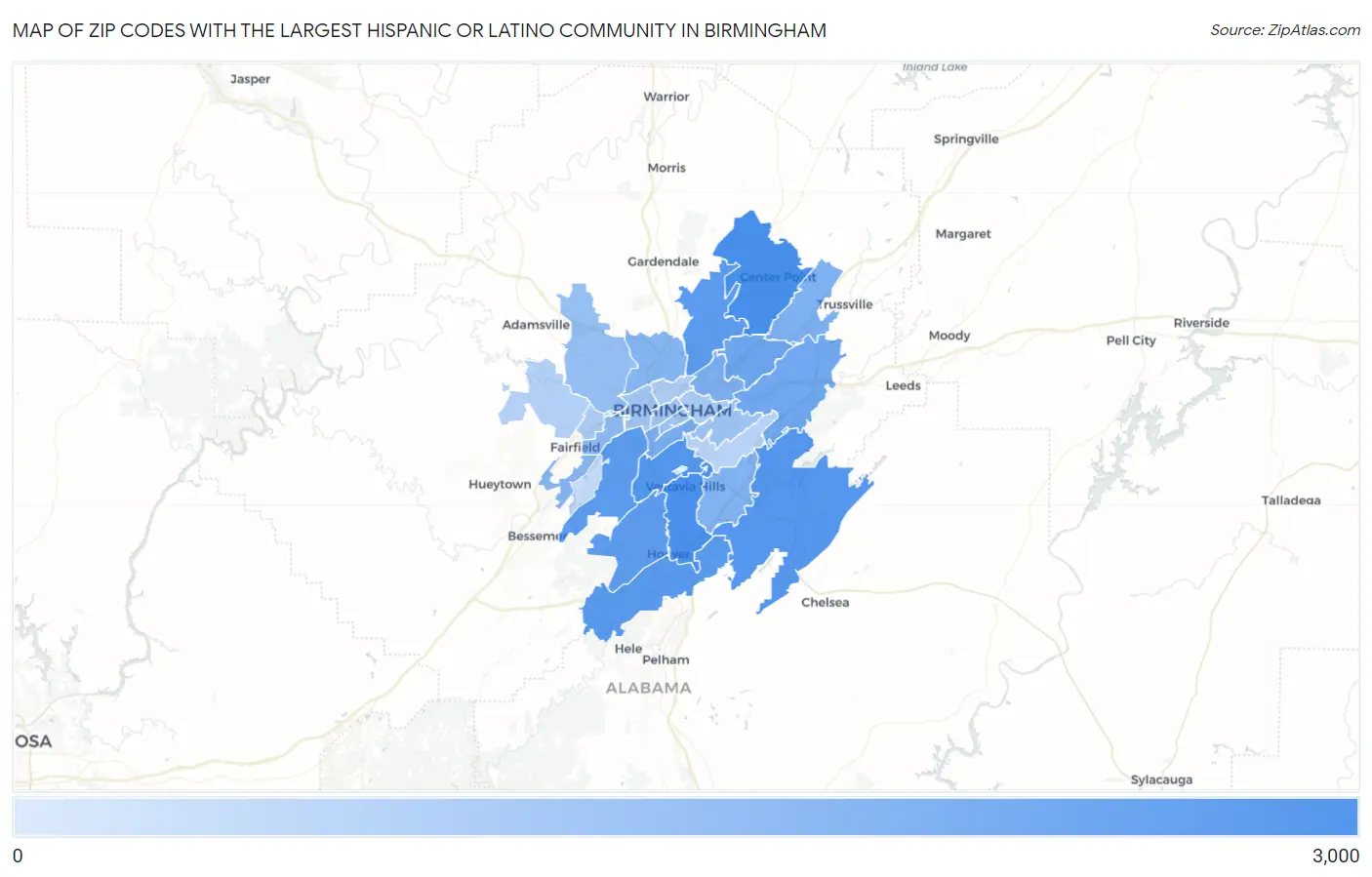 Zip Codes with the Largest Hispanic or Latino Community in Birmingham Map
