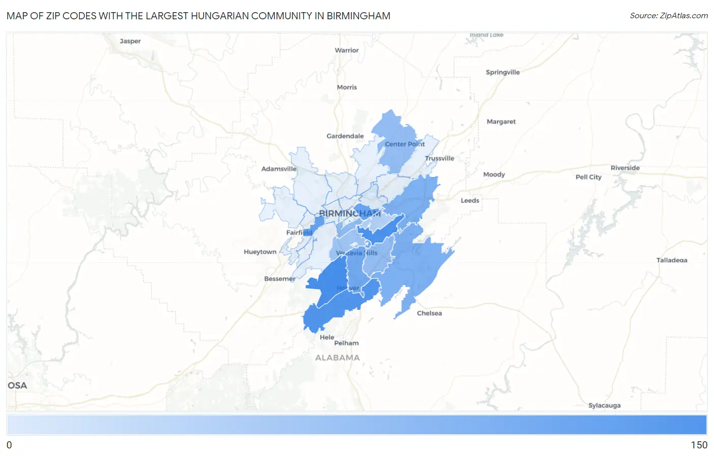 Zip Codes with the Largest Hungarian Community in Birmingham Map