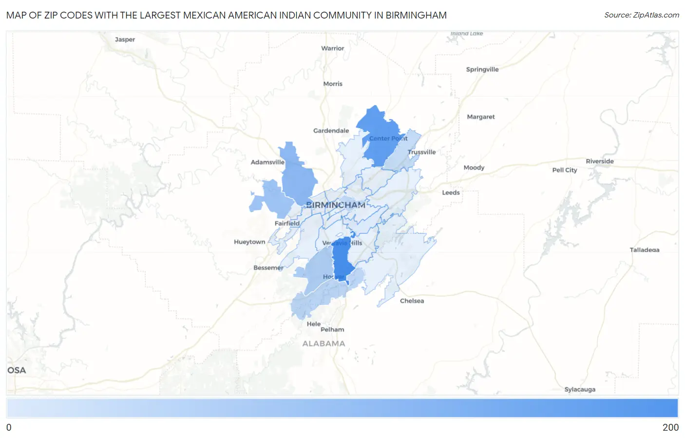Zip Codes with the Largest Mexican American Indian Community in Birmingham Map
