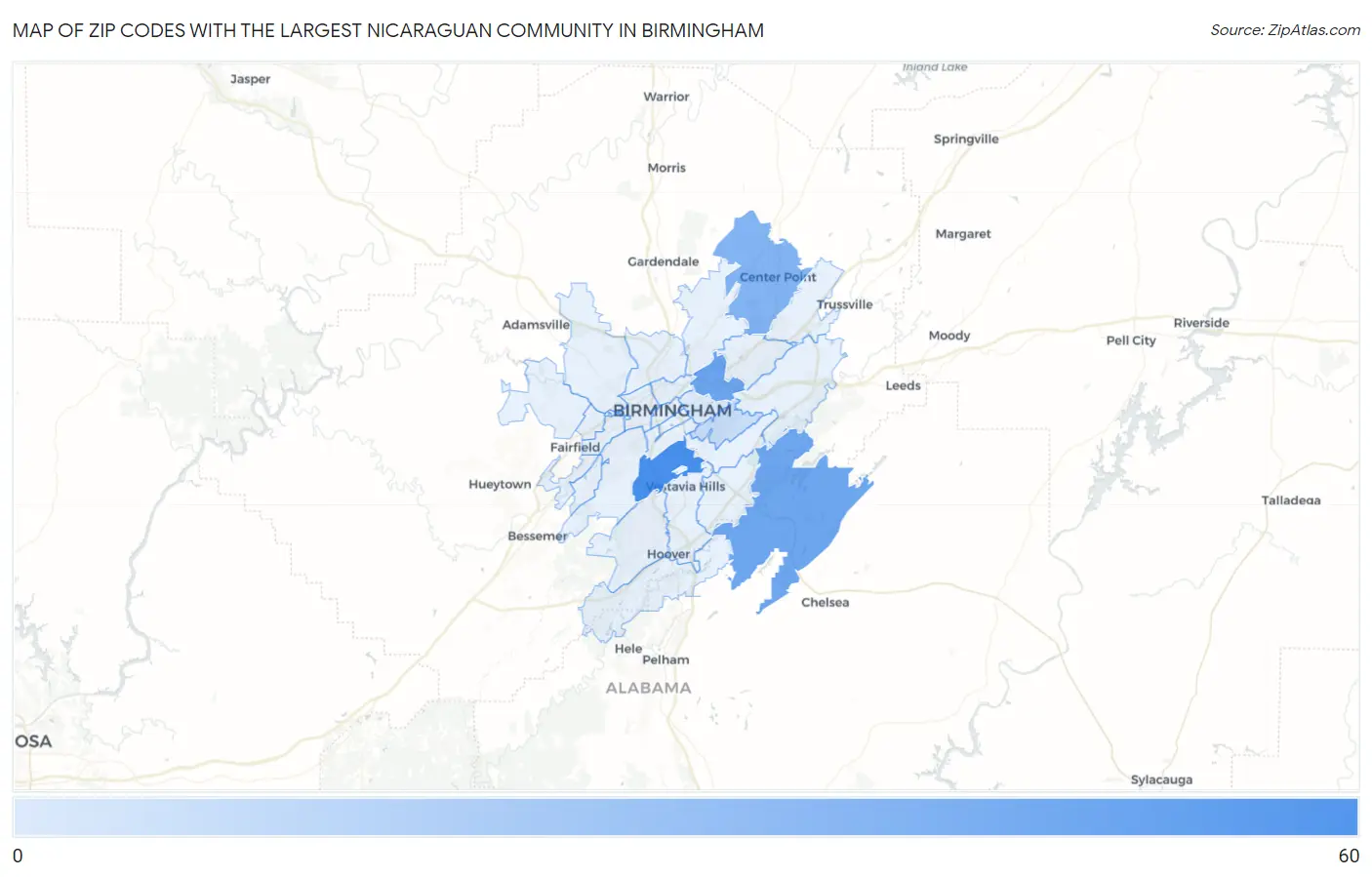 Zip Codes with the Largest Nicaraguan Community in Birmingham Map