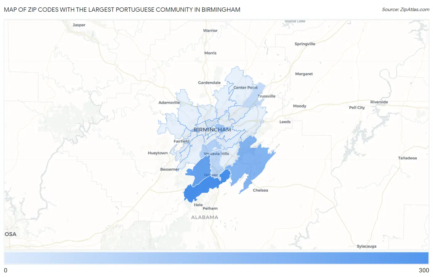 Zip Codes with the Largest Portuguese Community in Birmingham Map