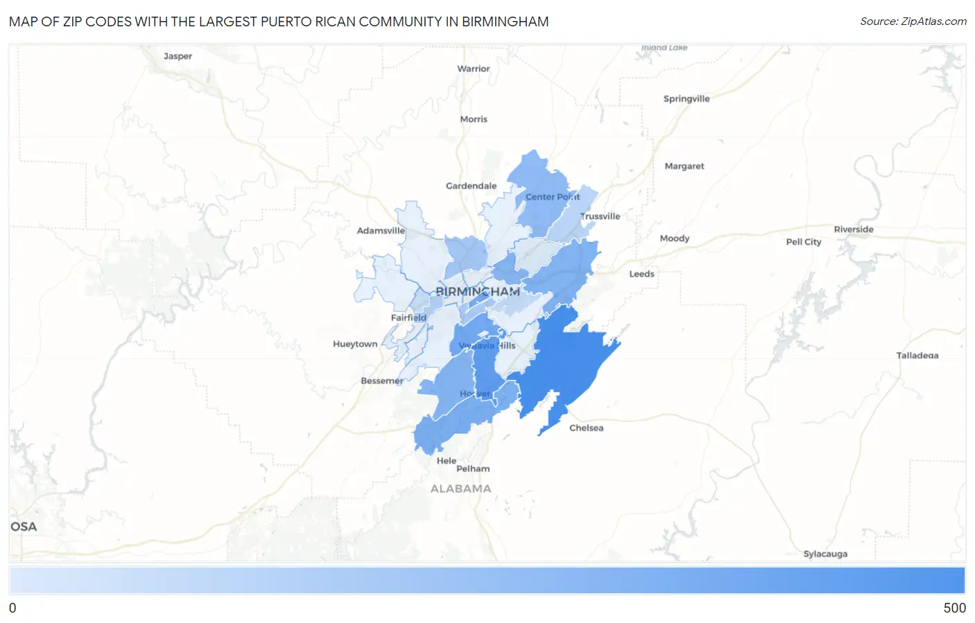 Zip Codes with the Largest Puerto Rican Community in Birmingham Map