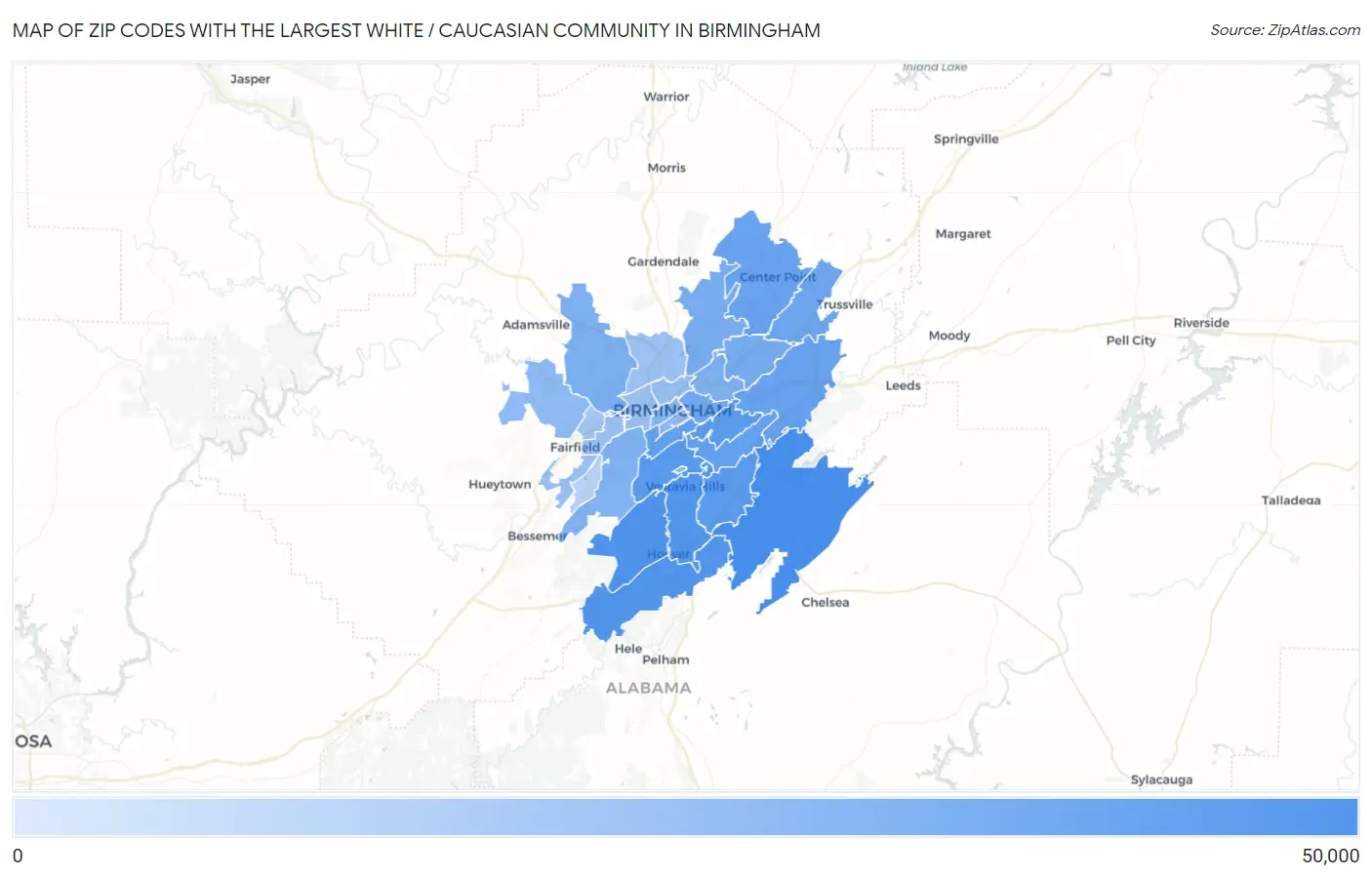 Zip Codes with the Largest White / Caucasian Community in Birmingham Map