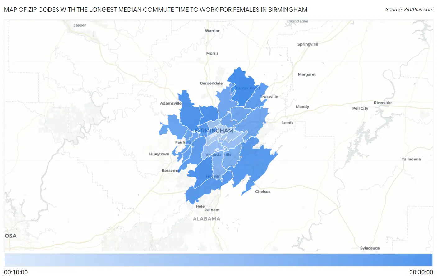 Zip Codes with the Longest Median Commute Time to Work for Females in Birmingham Map