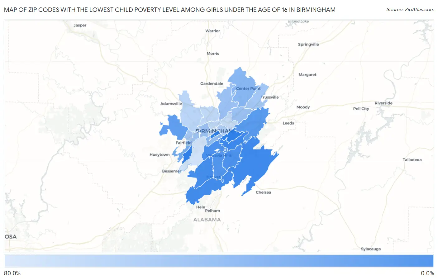Zip Codes with the Lowest Child Poverty Level Among Girls Under the Age of 16 in Birmingham Map