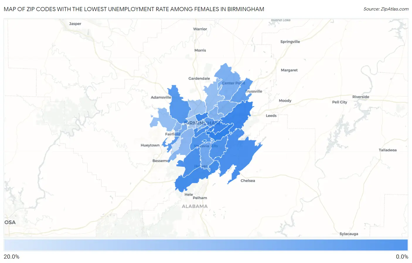 Zip Codes with the Lowest Unemployment Rate Among Females in Birmingham Map
