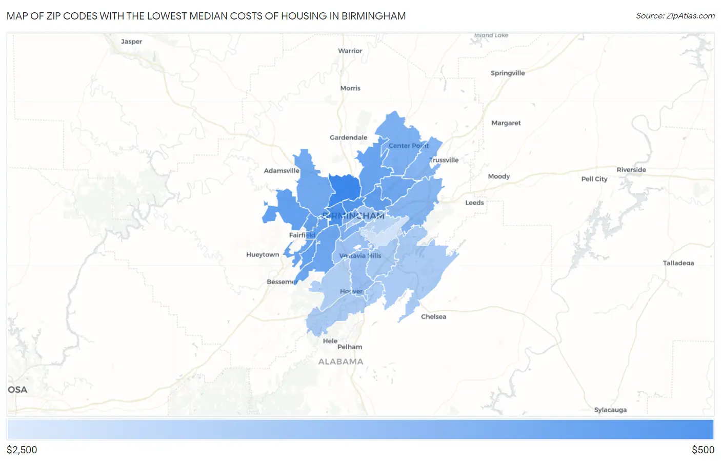 Zip Codes with the Lowest Median Costs of Housing in Birmingham Map