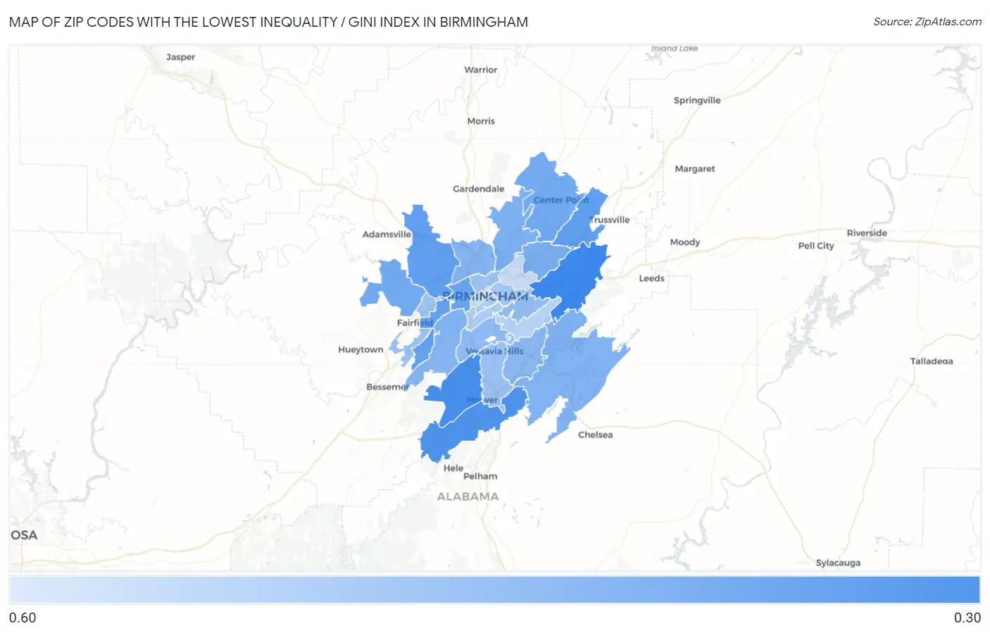 Zip Codes with the Lowest Inequality / Gini Index in Birmingham Map