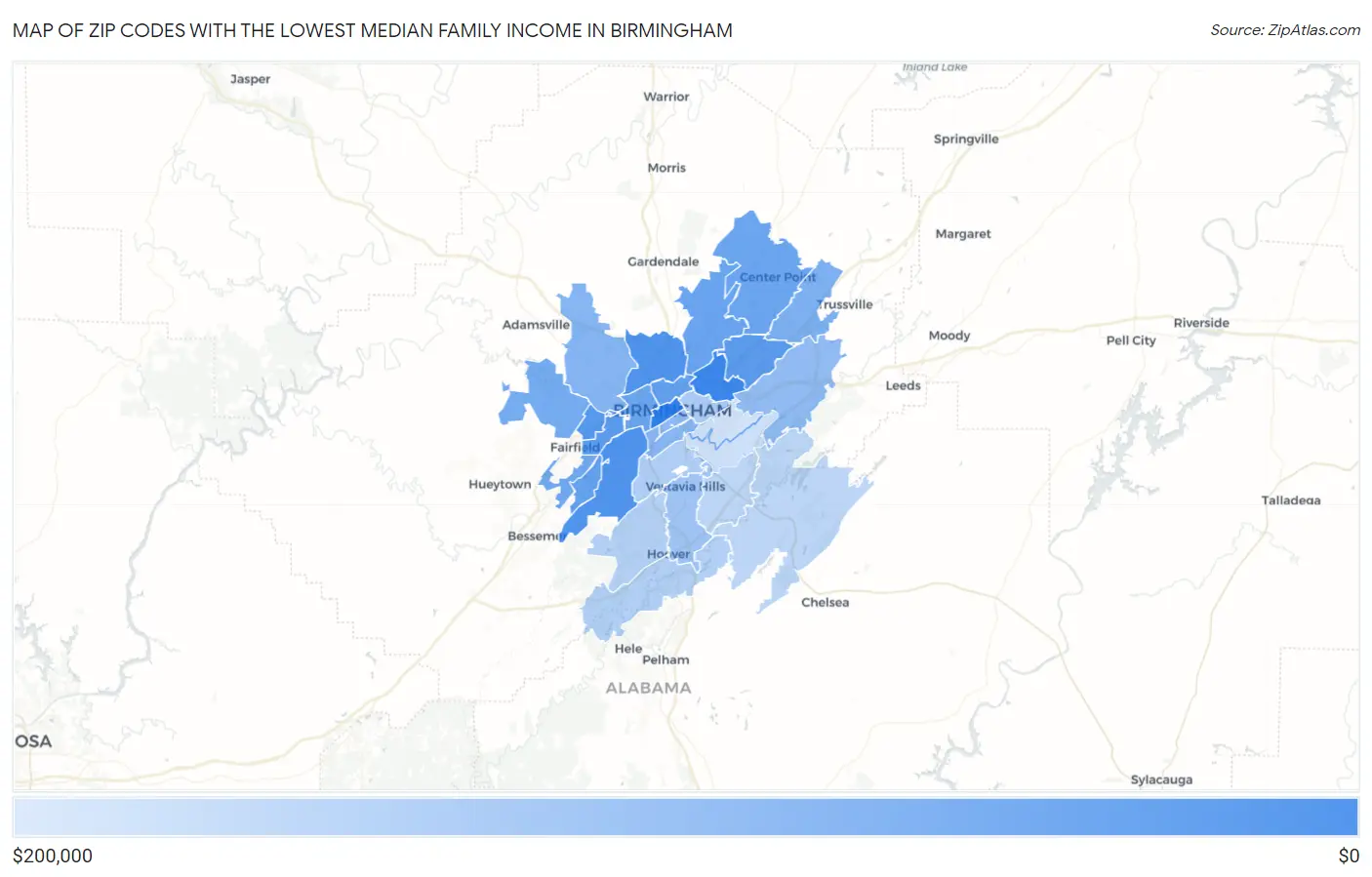 Zip Codes with the Lowest Median Family Income in Birmingham Map
