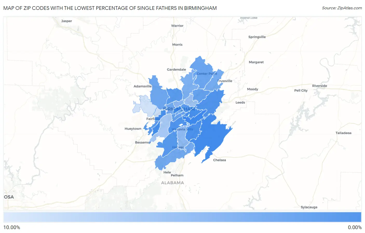 Zip Codes with the Lowest Percentage of Single Fathers in Birmingham Map