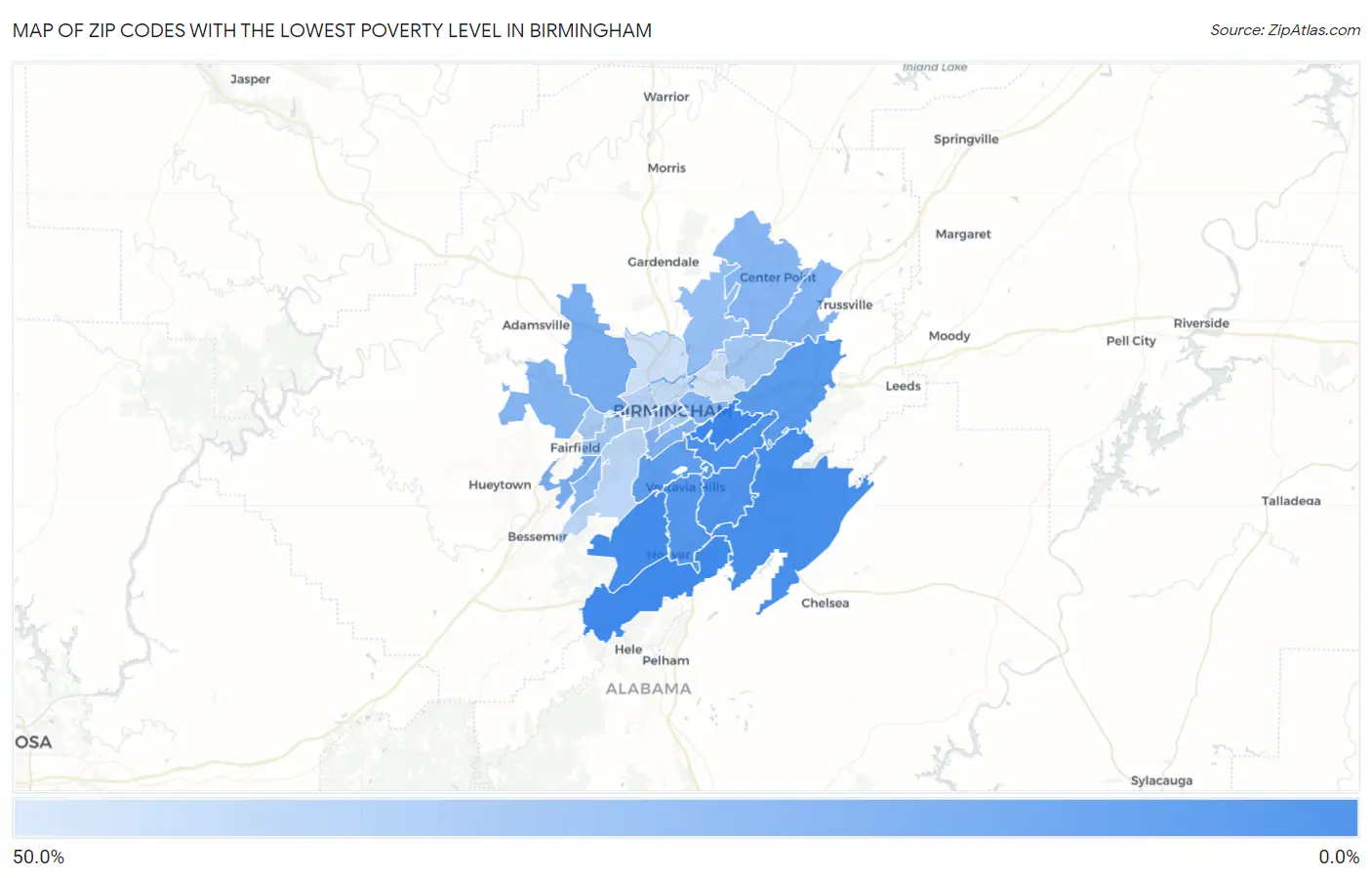 Zip Codes with the Lowest Poverty Level in Birmingham Map