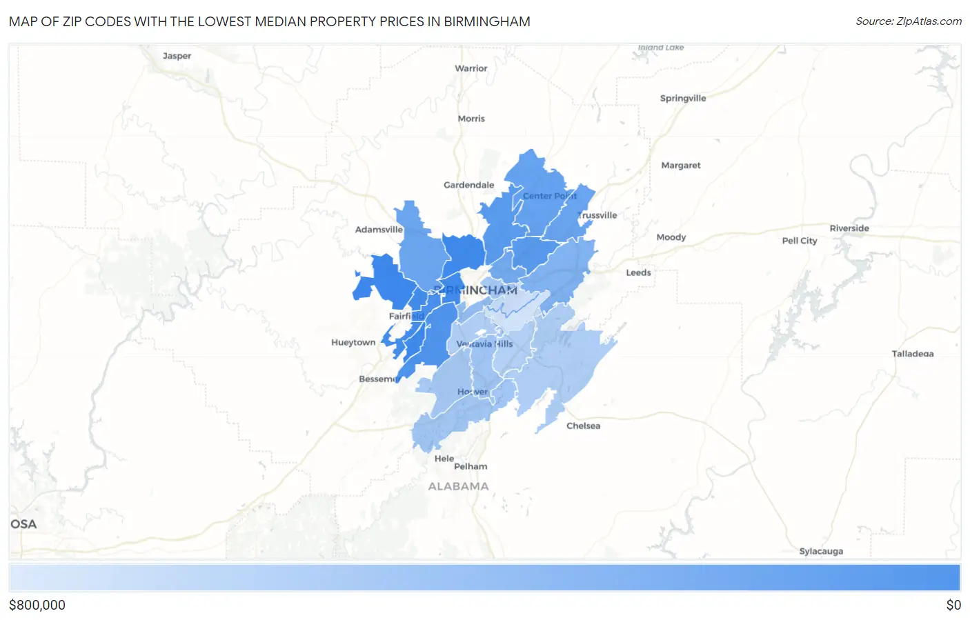 Zip Codes with the Lowest Median Property Prices in Birmingham Map