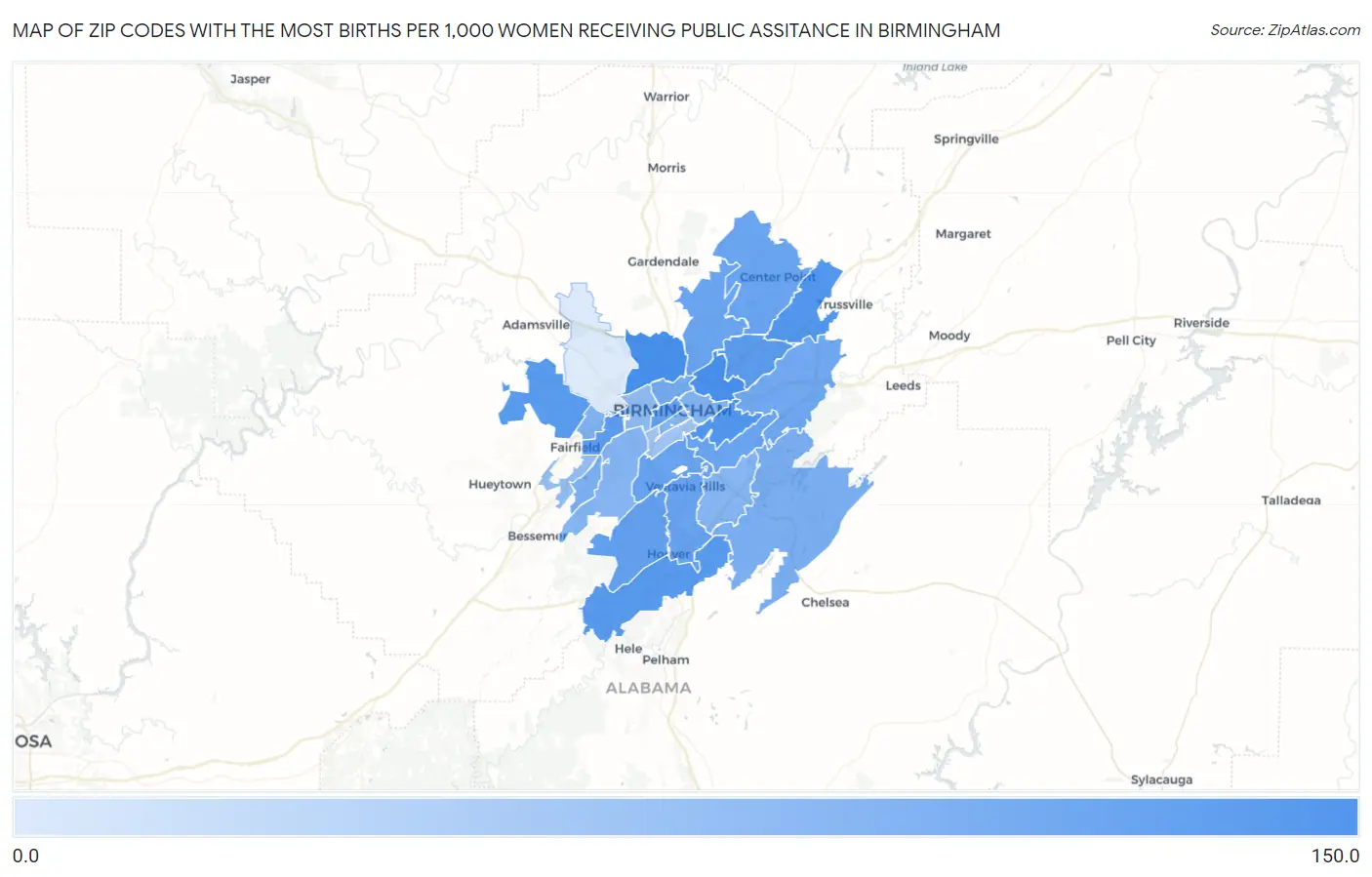 Zip Codes with the Most Births per 1,000 Women Receiving Public Assitance in Birmingham Map