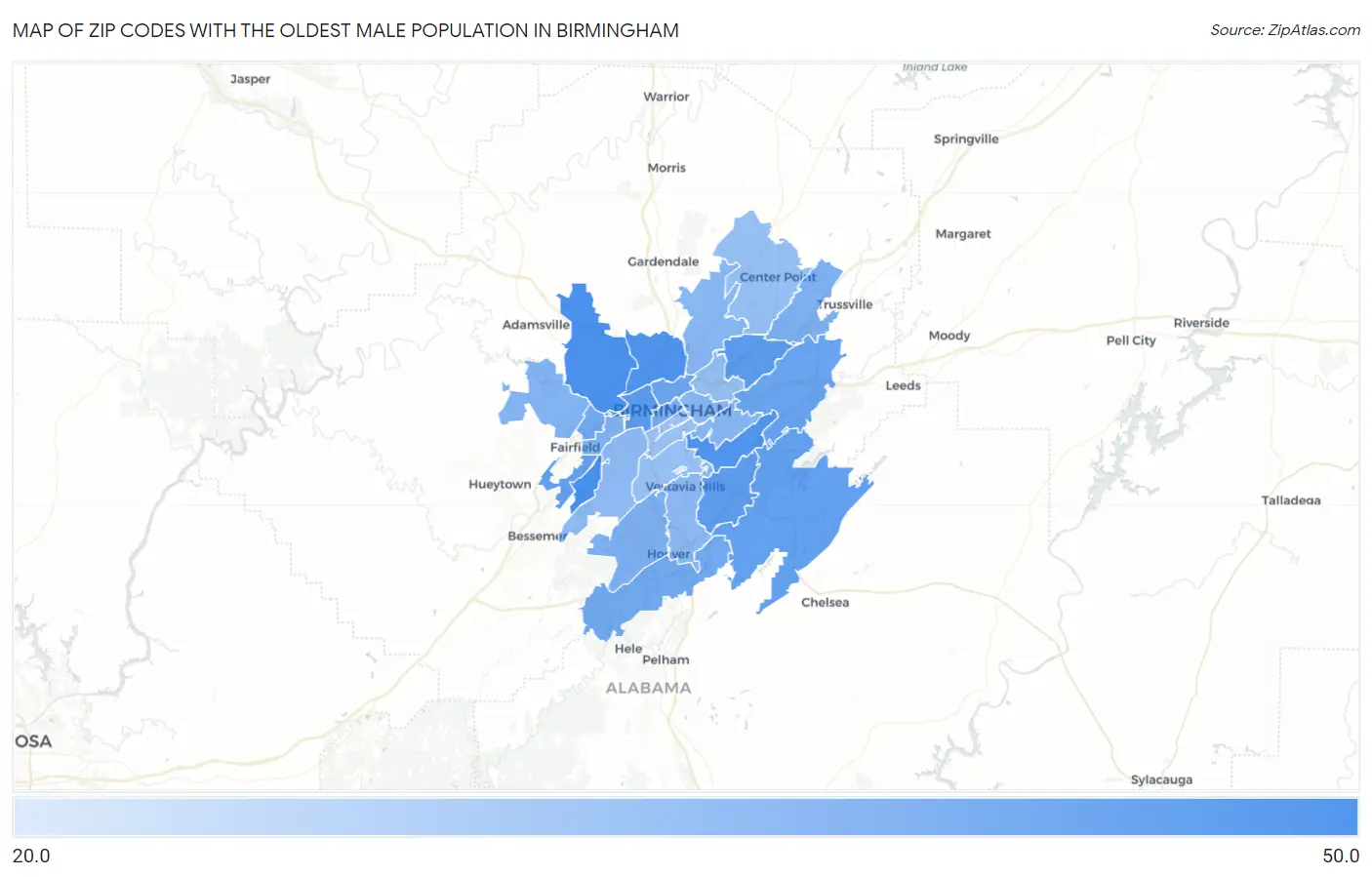 Zip Codes with the Oldest Male Population in Birmingham Map