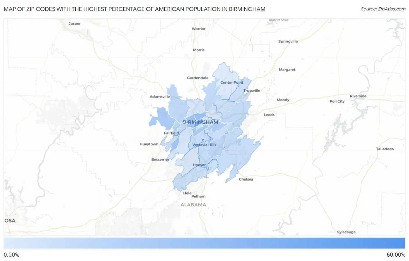 Zip Codes with the Highest Percentage of American Population in Birmingham Map