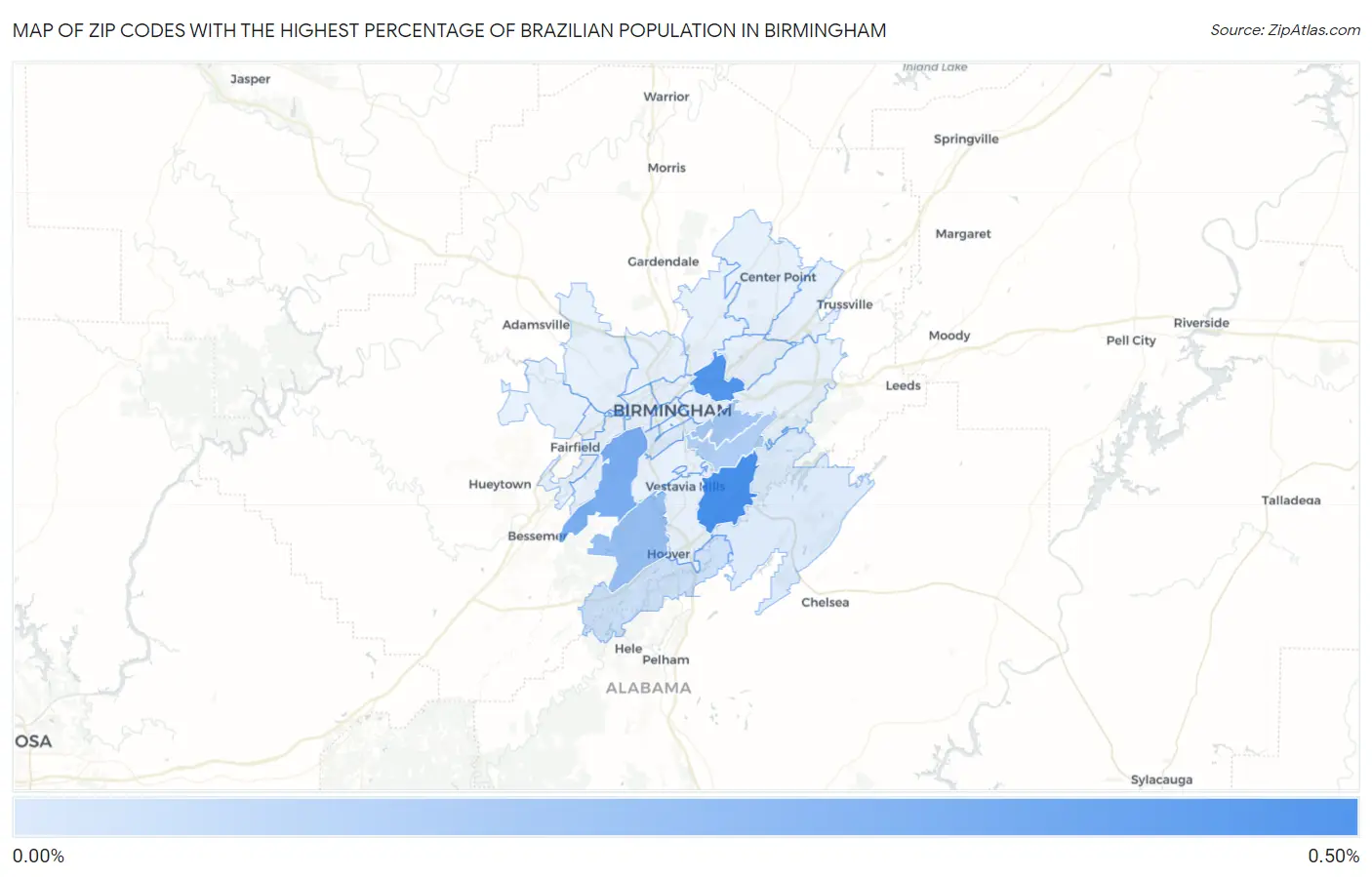 Zip Codes with the Highest Percentage of Brazilian Population in Birmingham Map